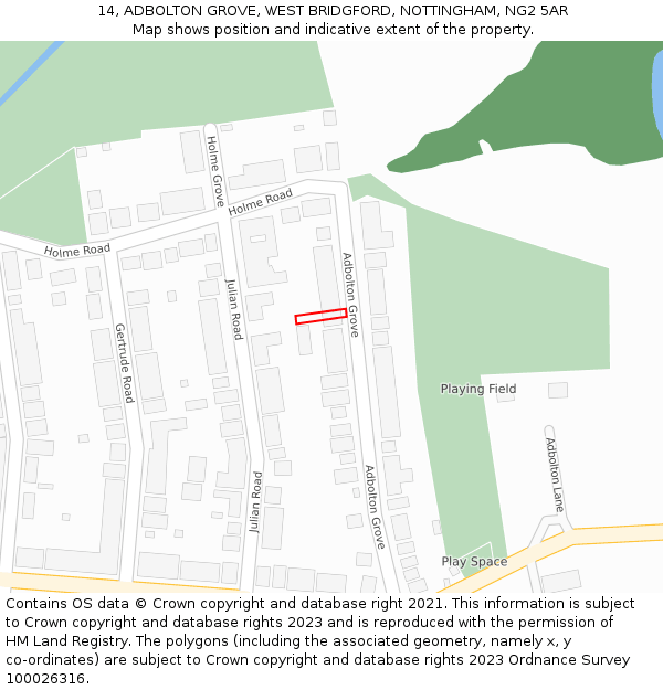 14, ADBOLTON GROVE, WEST BRIDGFORD, NOTTINGHAM, NG2 5AR: Location map and indicative extent of plot