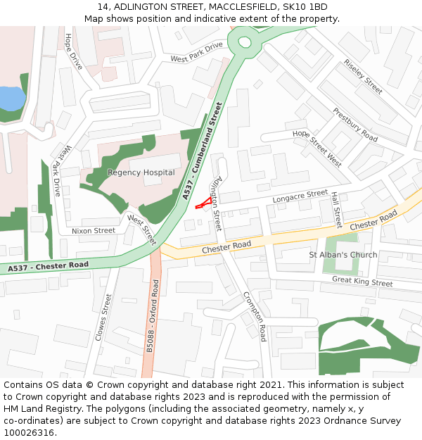 14, ADLINGTON STREET, MACCLESFIELD, SK10 1BD: Location map and indicative extent of plot