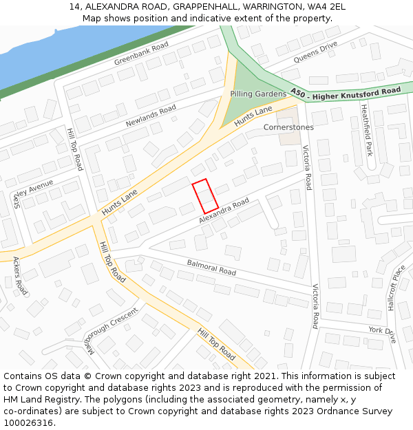 14, ALEXANDRA ROAD, GRAPPENHALL, WARRINGTON, WA4 2EL: Location map and indicative extent of plot