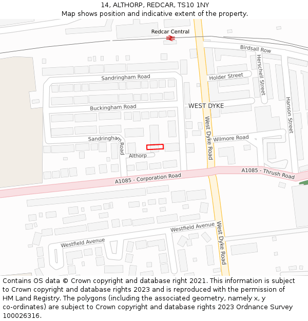 14, ALTHORP, REDCAR, TS10 1NY: Location map and indicative extent of plot