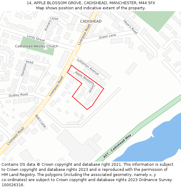 14, APPLE BLOSSOM GROVE, CADISHEAD, MANCHESTER, M44 5FX: Location map and indicative extent of plot