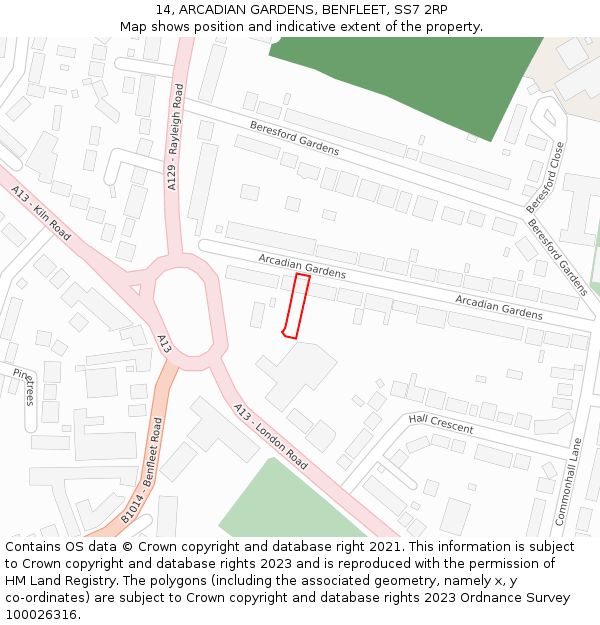 14, ARCADIAN GARDENS, BENFLEET, SS7 2RP: Location map and indicative extent of plot