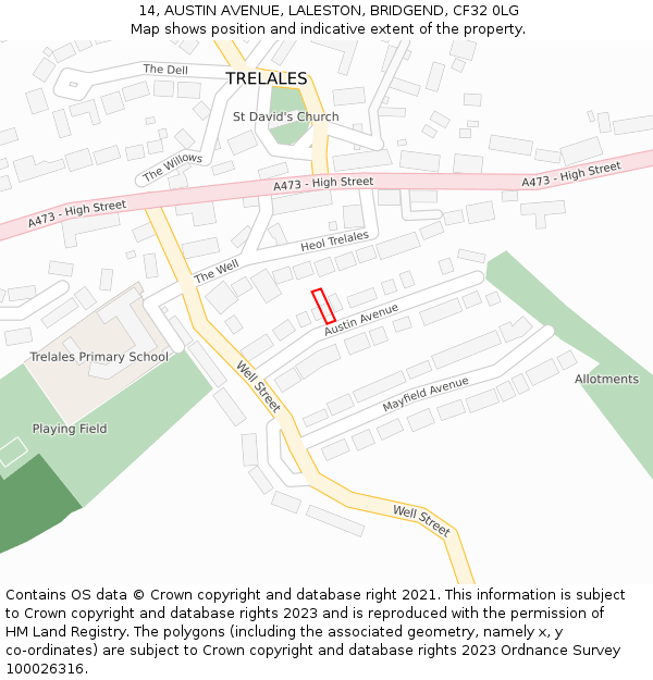 14, AUSTIN AVENUE, LALESTON, BRIDGEND, CF32 0LG: Location map and indicative extent of plot