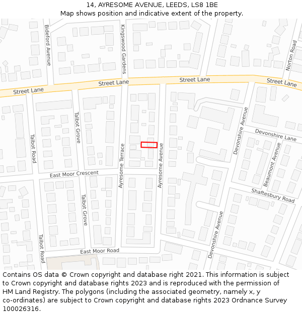 14, AYRESOME AVENUE, LEEDS, LS8 1BE: Location map and indicative extent of plot