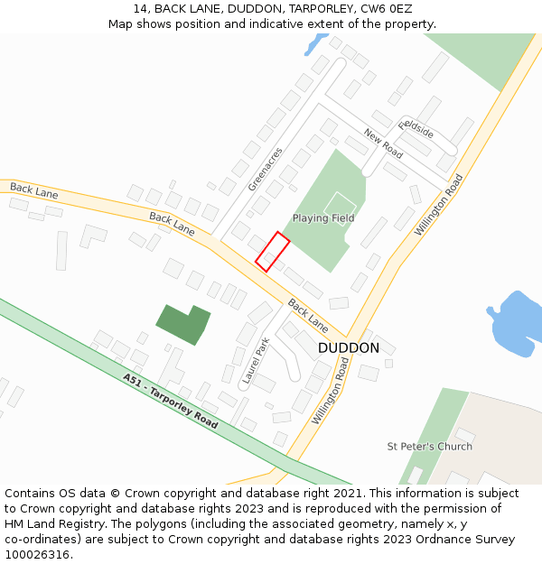 14, BACK LANE, DUDDON, TARPORLEY, CW6 0EZ: Location map and indicative extent of plot