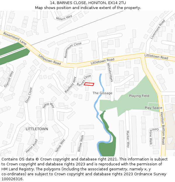 14, BARNES CLOSE, HONITON, EX14 2TU: Location map and indicative extent of plot