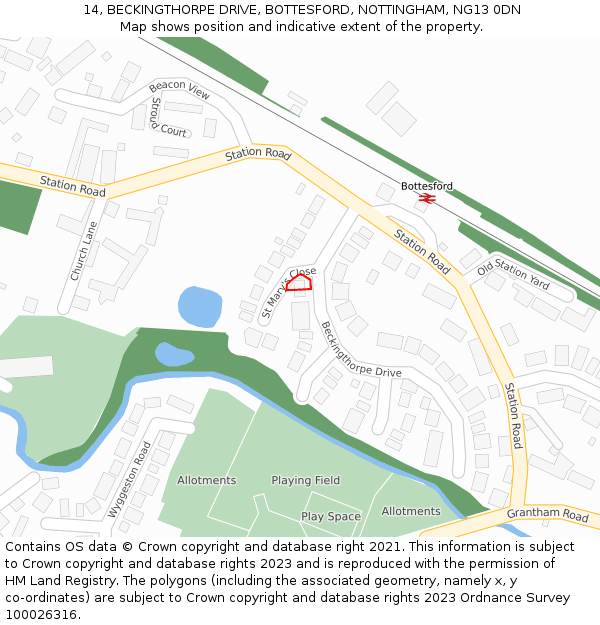 14, BECKINGTHORPE DRIVE, BOTTESFORD, NOTTINGHAM, NG13 0DN: Location map and indicative extent of plot