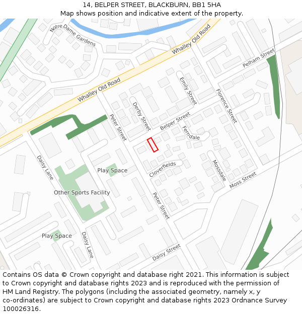 14, BELPER STREET, BLACKBURN, BB1 5HA: Location map and indicative extent of plot