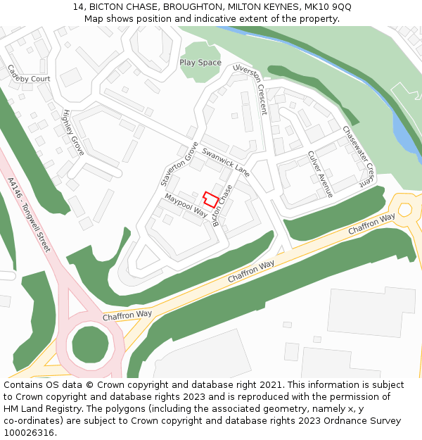 14, BICTON CHASE, BROUGHTON, MILTON KEYNES, MK10 9QQ: Location map and indicative extent of plot