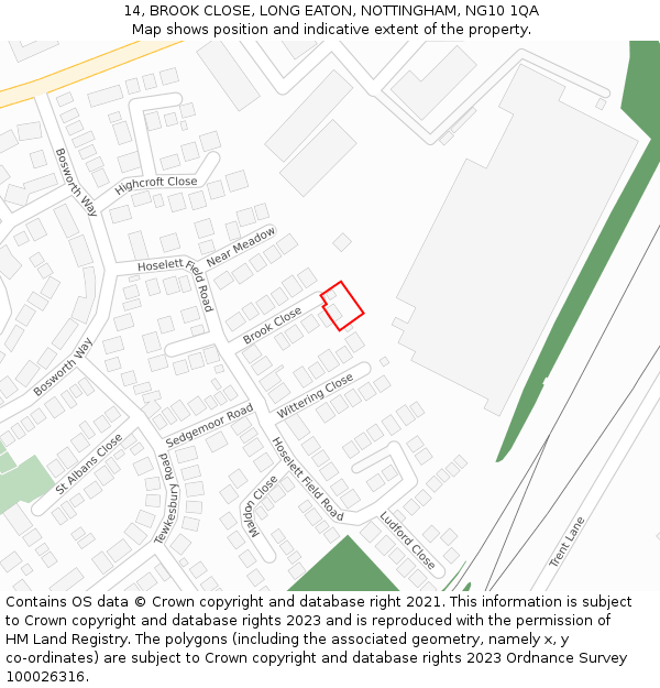 14, BROOK CLOSE, LONG EATON, NOTTINGHAM, NG10 1QA: Location map and indicative extent of plot