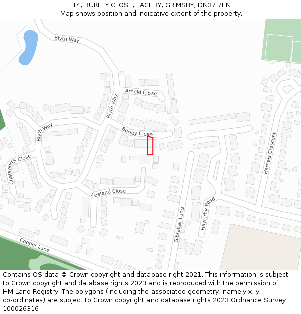 14, BURLEY CLOSE, LACEBY, GRIMSBY, DN37 7EN: Location map and indicative extent of plot