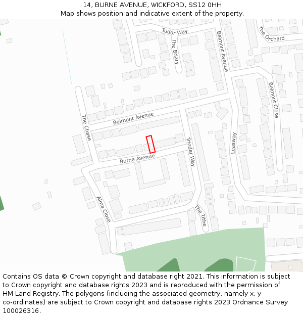 14, BURNE AVENUE, WICKFORD, SS12 0HH: Location map and indicative extent of plot