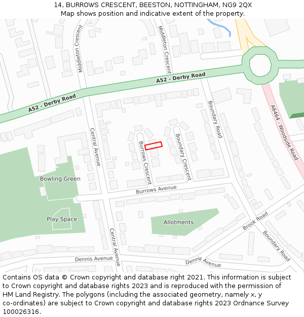 14, BURROWS CRESCENT, BEESTON, NOTTINGHAM, NG9 2QX: Location map and indicative extent of plot