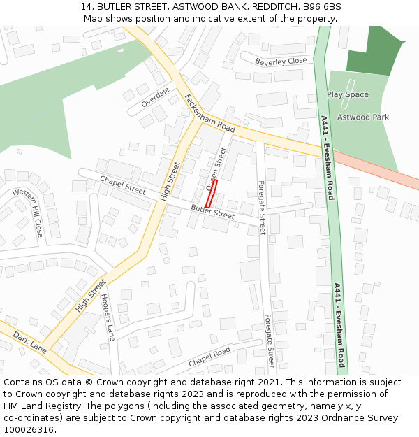 14, BUTLER STREET, ASTWOOD BANK, REDDITCH, B96 6BS: Location map and indicative extent of plot