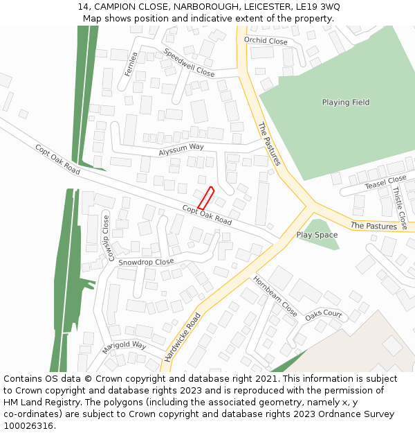 14, CAMPION CLOSE, NARBOROUGH, LEICESTER, LE19 3WQ: Location map and indicative extent of plot