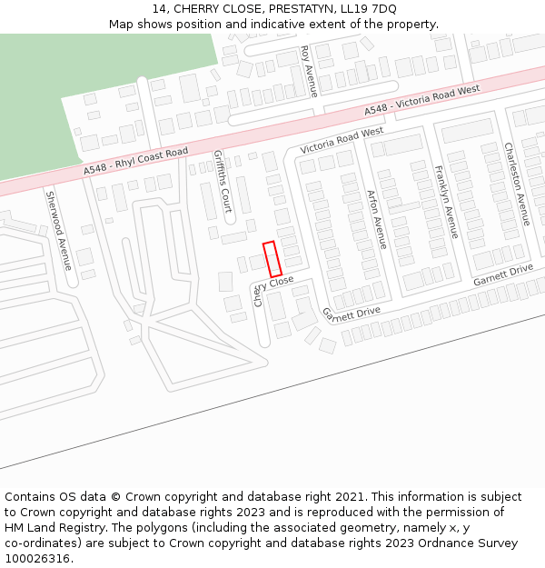 14, CHERRY CLOSE, PRESTATYN, LL19 7DQ: Location map and indicative extent of plot