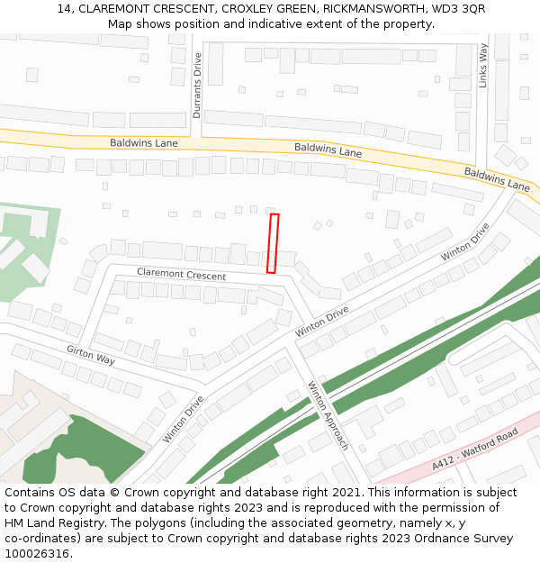 14, CLAREMONT CRESCENT, CROXLEY GREEN, RICKMANSWORTH, WD3 3QR: Location map and indicative extent of plot