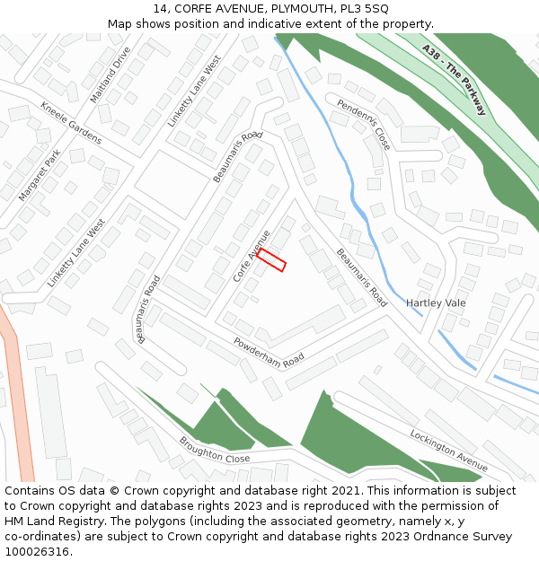 14, CORFE AVENUE, PLYMOUTH, PL3 5SQ: Location map and indicative extent of plot