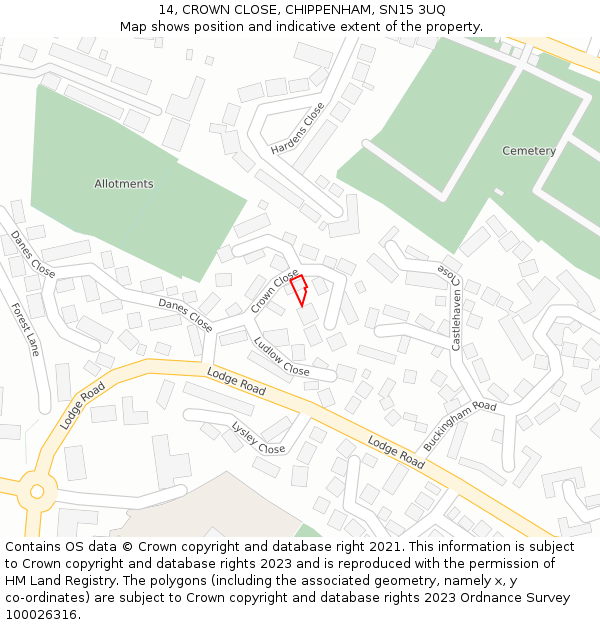 14, CROWN CLOSE, CHIPPENHAM, SN15 3UQ: Location map and indicative extent of plot