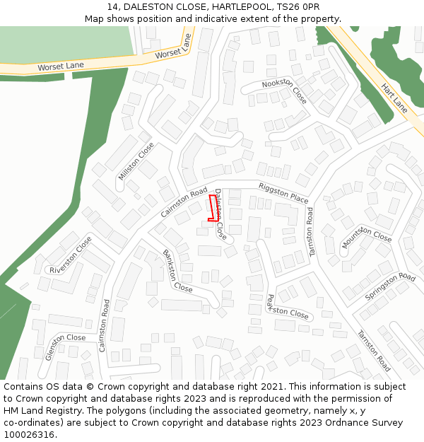 14, DALESTON CLOSE, HARTLEPOOL, TS26 0PR: Location map and indicative extent of plot