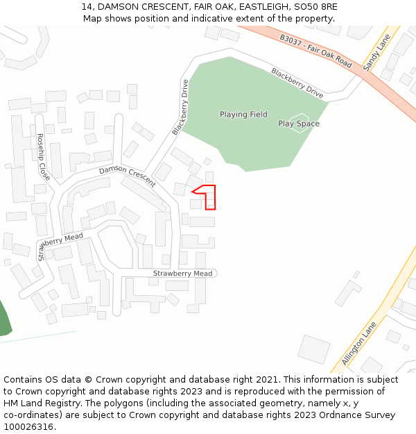 14, DAMSON CRESCENT, FAIR OAK, EASTLEIGH, SO50 8RE: Location map and indicative extent of plot