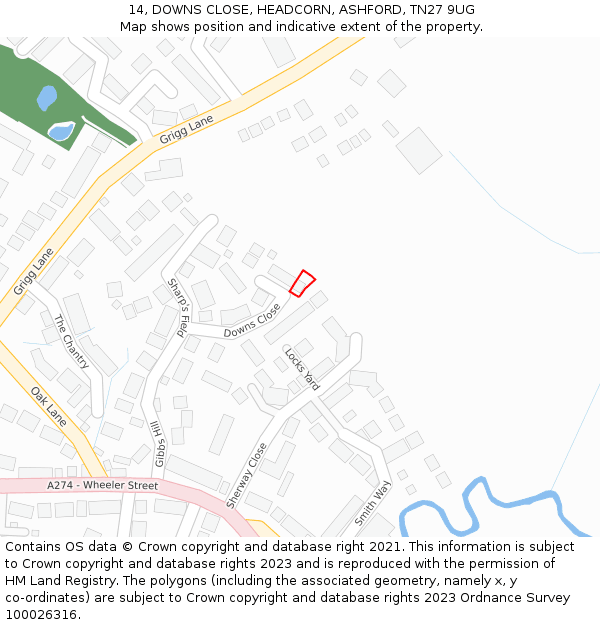 14, DOWNS CLOSE, HEADCORN, ASHFORD, TN27 9UG: Location map and indicative extent of plot