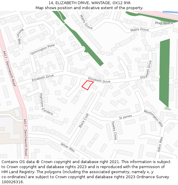 14, ELIZABETH DRIVE, WANTAGE, OX12 9YA: Location map and indicative extent of plot