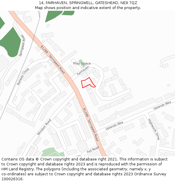 14, FAIRHAVEN, SPRINGWELL, GATESHEAD, NE9 7QZ: Location map and indicative extent of plot