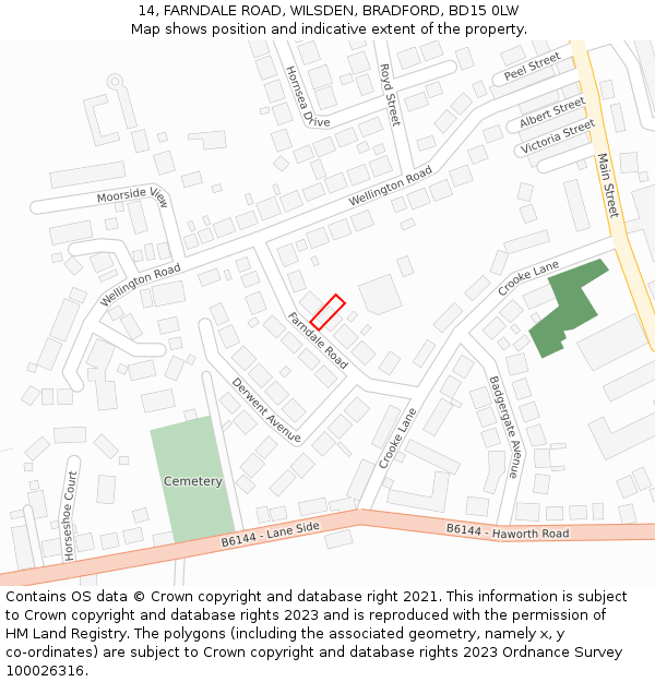 14, FARNDALE ROAD, WILSDEN, BRADFORD, BD15 0LW: Location map and indicative extent of plot