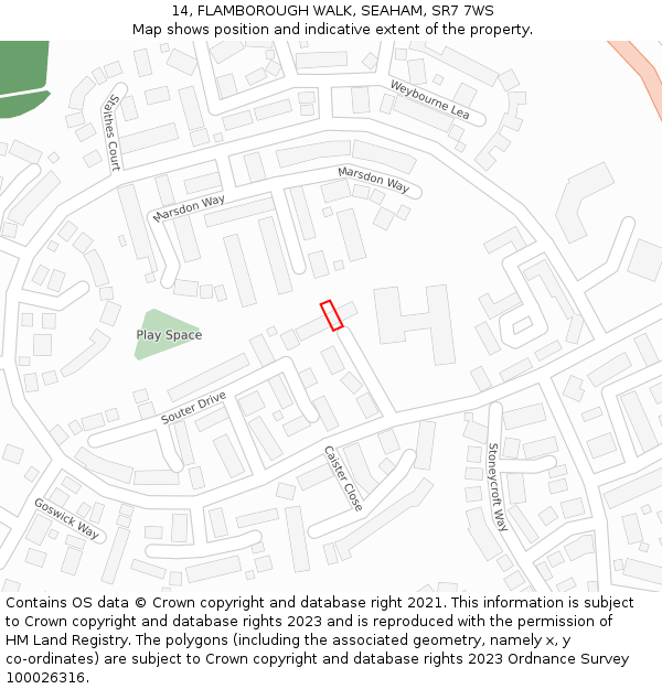 14, FLAMBOROUGH WALK, SEAHAM, SR7 7WS: Location map and indicative extent of plot