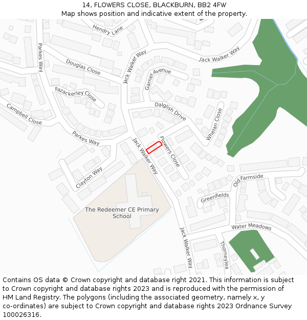 14, FLOWERS CLOSE, BLACKBURN, BB2 4FW: Location map and indicative extent of plot