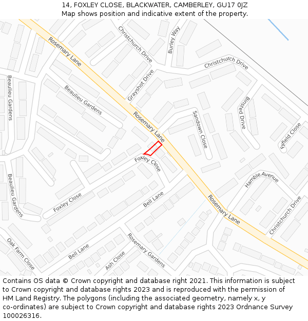 14, FOXLEY CLOSE, BLACKWATER, CAMBERLEY, GU17 0JZ: Location map and indicative extent of plot