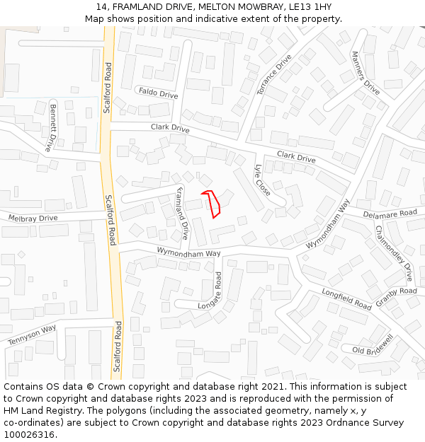 14, FRAMLAND DRIVE, MELTON MOWBRAY, LE13 1HY: Location map and indicative extent of plot