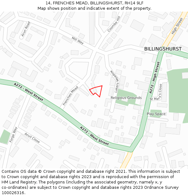 14, FRENCHES MEAD, BILLINGSHURST, RH14 9LF: Location map and indicative extent of plot