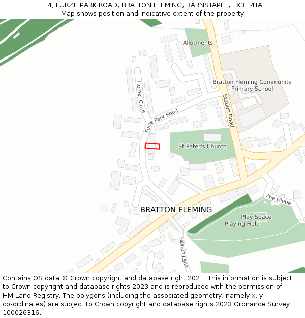 14, FURZE PARK ROAD, BRATTON FLEMING, BARNSTAPLE, EX31 4TA: Location map and indicative extent of plot