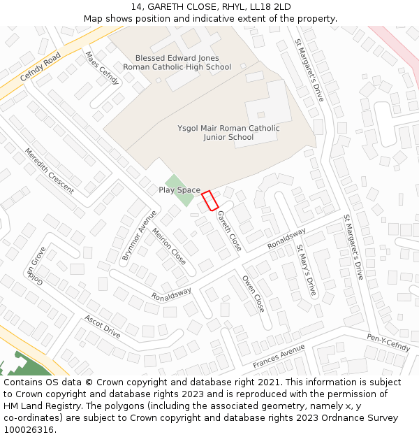 14, GARETH CLOSE, RHYL, LL18 2LD: Location map and indicative extent of plot