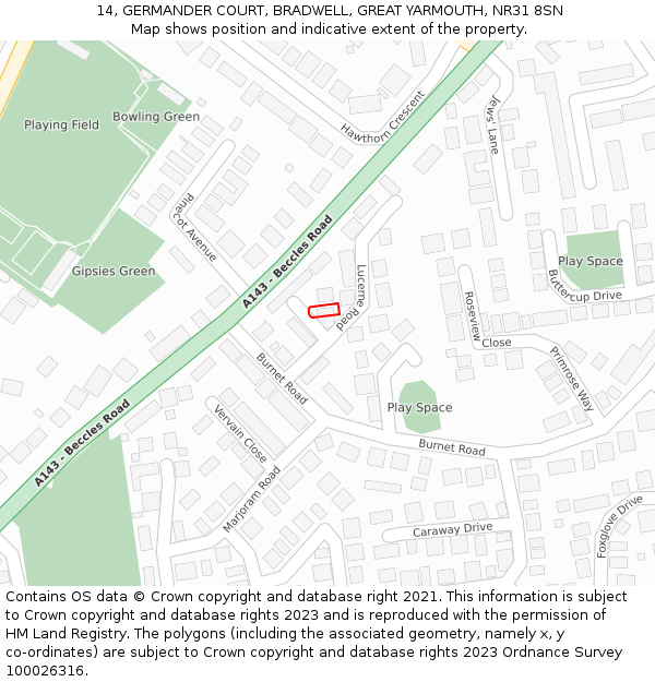 14, GERMANDER COURT, BRADWELL, GREAT YARMOUTH, NR31 8SN: Location map and indicative extent of plot