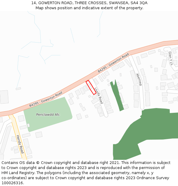 14, GOWERTON ROAD, THREE CROSSES, SWANSEA, SA4 3QA: Location map and indicative extent of plot