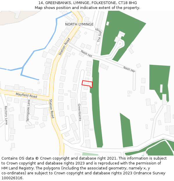 14, GREENBANKS, LYMINGE, FOLKESTONE, CT18 8HG: Location map and indicative extent of plot