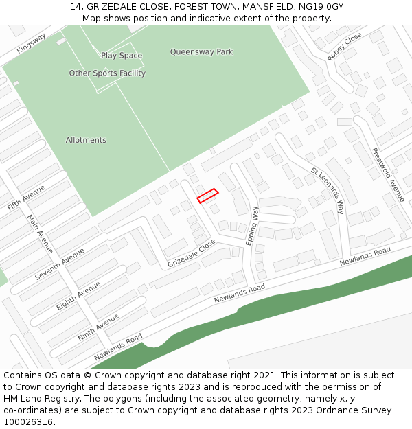 14, GRIZEDALE CLOSE, FOREST TOWN, MANSFIELD, NG19 0GY: Location map and indicative extent of plot