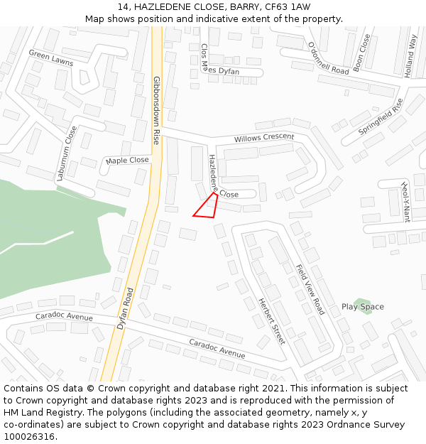 14, HAZLEDENE CLOSE, BARRY, CF63 1AW: Location map and indicative extent of plot