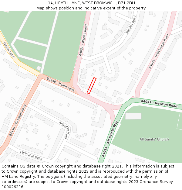 14, HEATH LANE, WEST BROMWICH, B71 2BH: Location map and indicative extent of plot