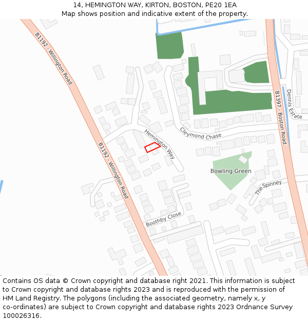 14, HEMINGTON WAY, KIRTON, BOSTON, PE20 1EA: Location map and indicative extent of plot