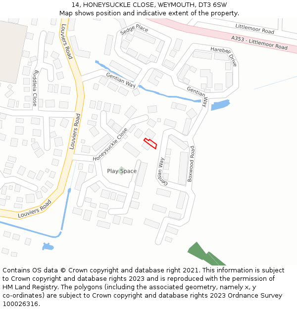 14, HONEYSUCKLE CLOSE, WEYMOUTH, DT3 6SW: Location map and indicative extent of plot