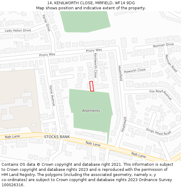 14, KENILWORTH CLOSE, MIRFIELD, WF14 9DG: Location map and indicative extent of plot