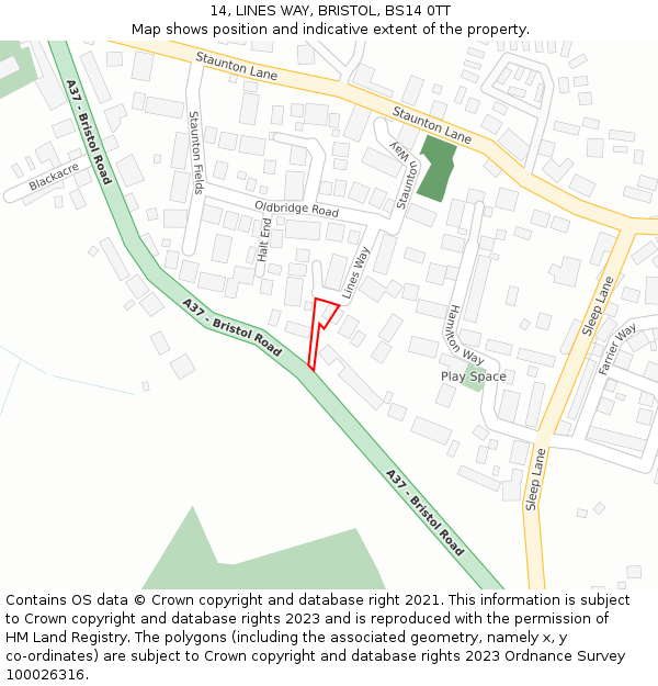 14, LINES WAY, BRISTOL, BS14 0TT: Location map and indicative extent of plot