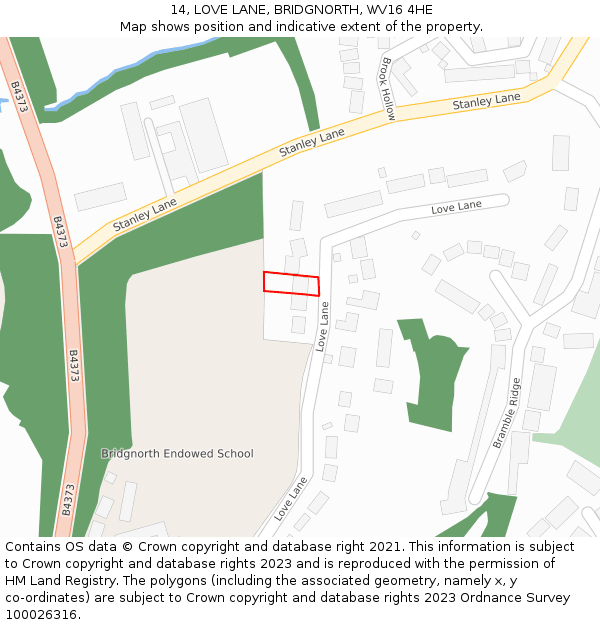 14, LOVE LANE, BRIDGNORTH, WV16 4HE: Location map and indicative extent of plot