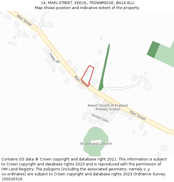 14, MAIN STREET, KEEVIL, TROWBRIDGE, BA14 6LU: Location map and indicative extent of plot