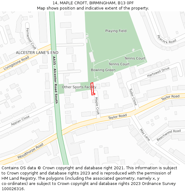 14, MAPLE CROFT, BIRMINGHAM, B13 0PF: Location map and indicative extent of plot