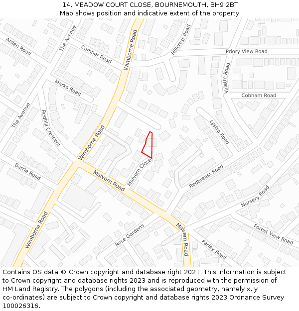 14, MEADOW COURT CLOSE, BOURNEMOUTH, BH9 2BT: Location map and indicative extent of plot